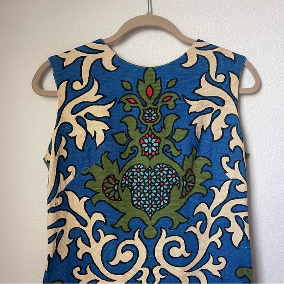 Vintage 60s Stacy Ames dress in paisley batik motif print of green blue & cream - Picture 2 of 8